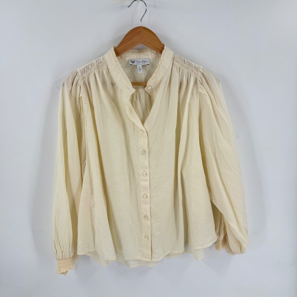 Jessica Simpson Blouse Cream XL Button Down Smocked Cuff Boho Cottagecore